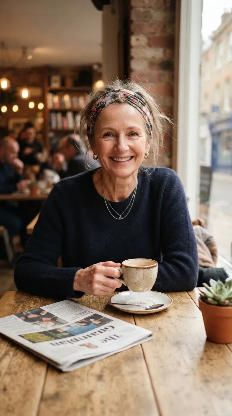 Woman over 50 with thin hair styled with a wide headband adding volume