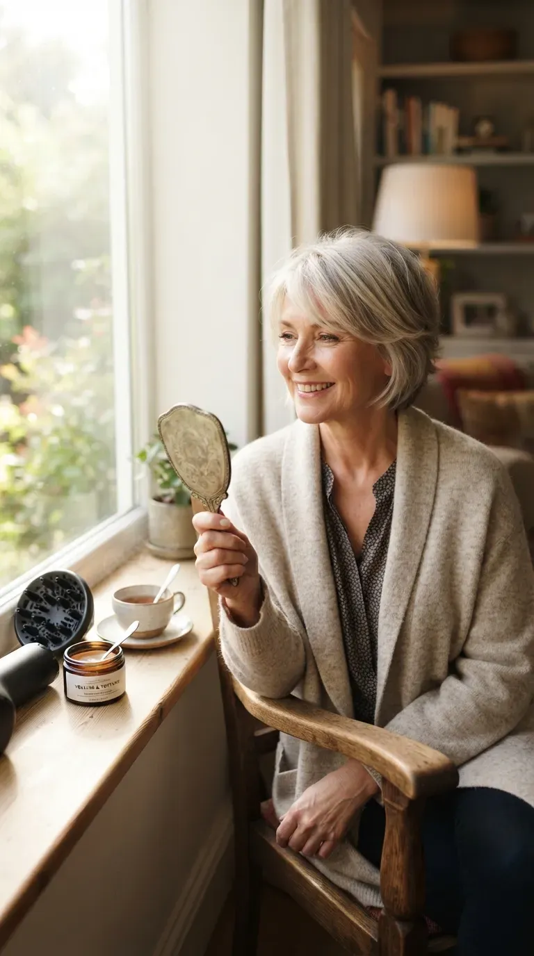 Woman over 50 with thin hair styled in a soft layered crop