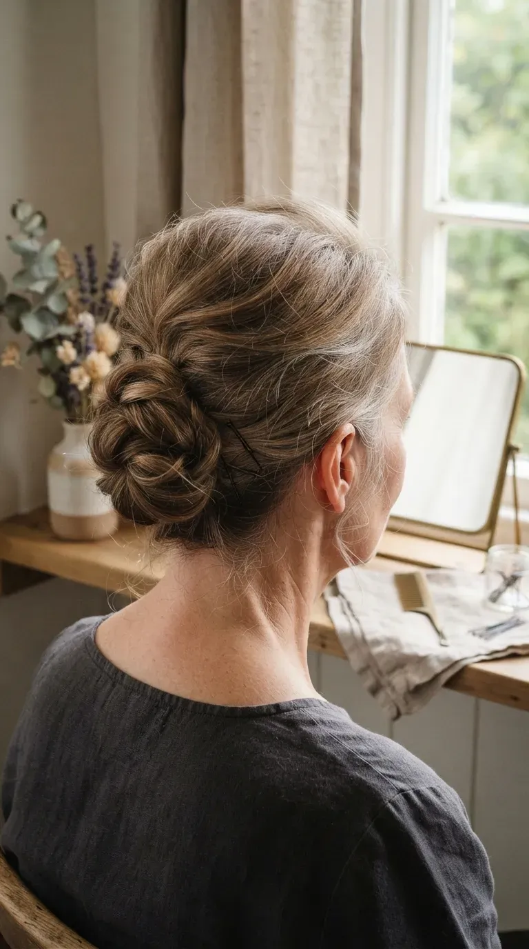 Woman over 50 with thin hair styled in a low bun with lifted crown volume