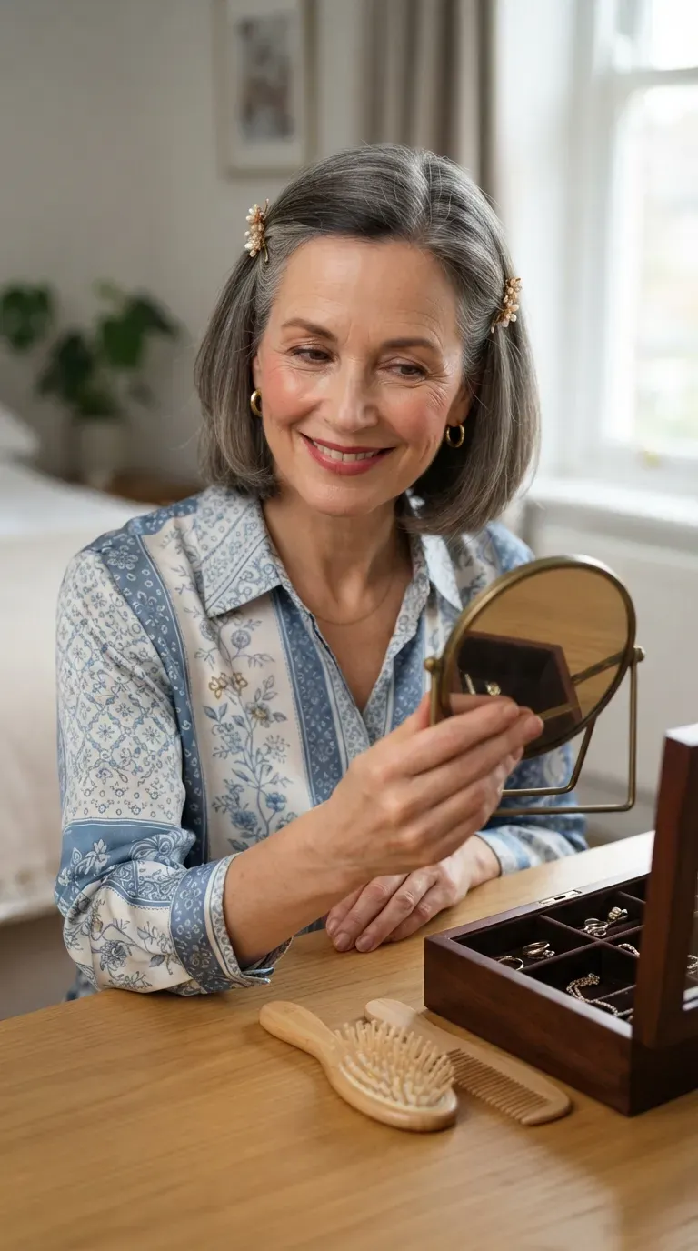 Woman over 50 with thin hair styled with the sides pinned back for volume