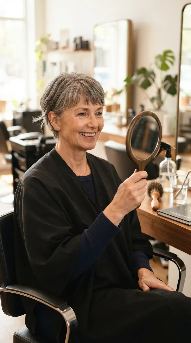 Woman over 50 with thin hair styled in a classic soft pixie haircut