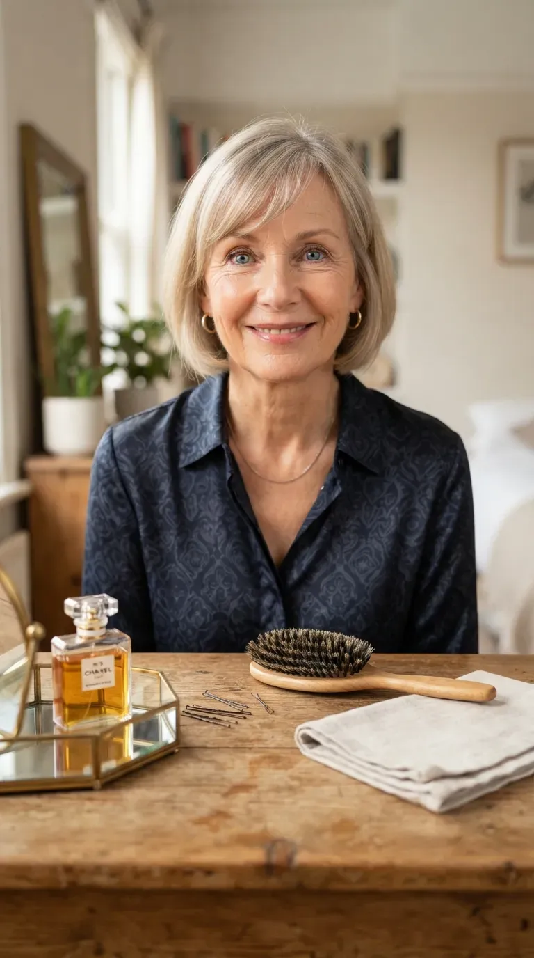 Woman over 50 with thin hair styled with soft side-swept bangs