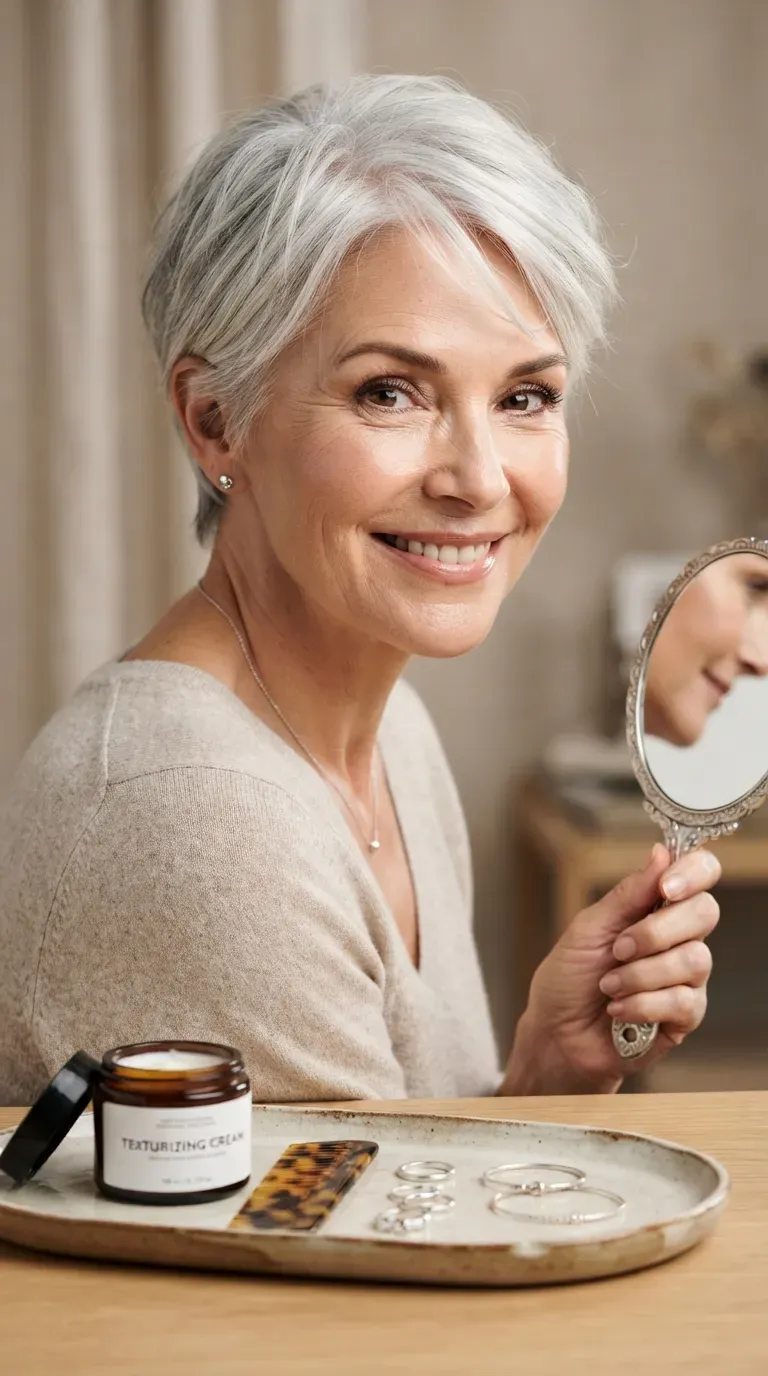 Woman over 50 with thin silver hair styled in a textured pixie