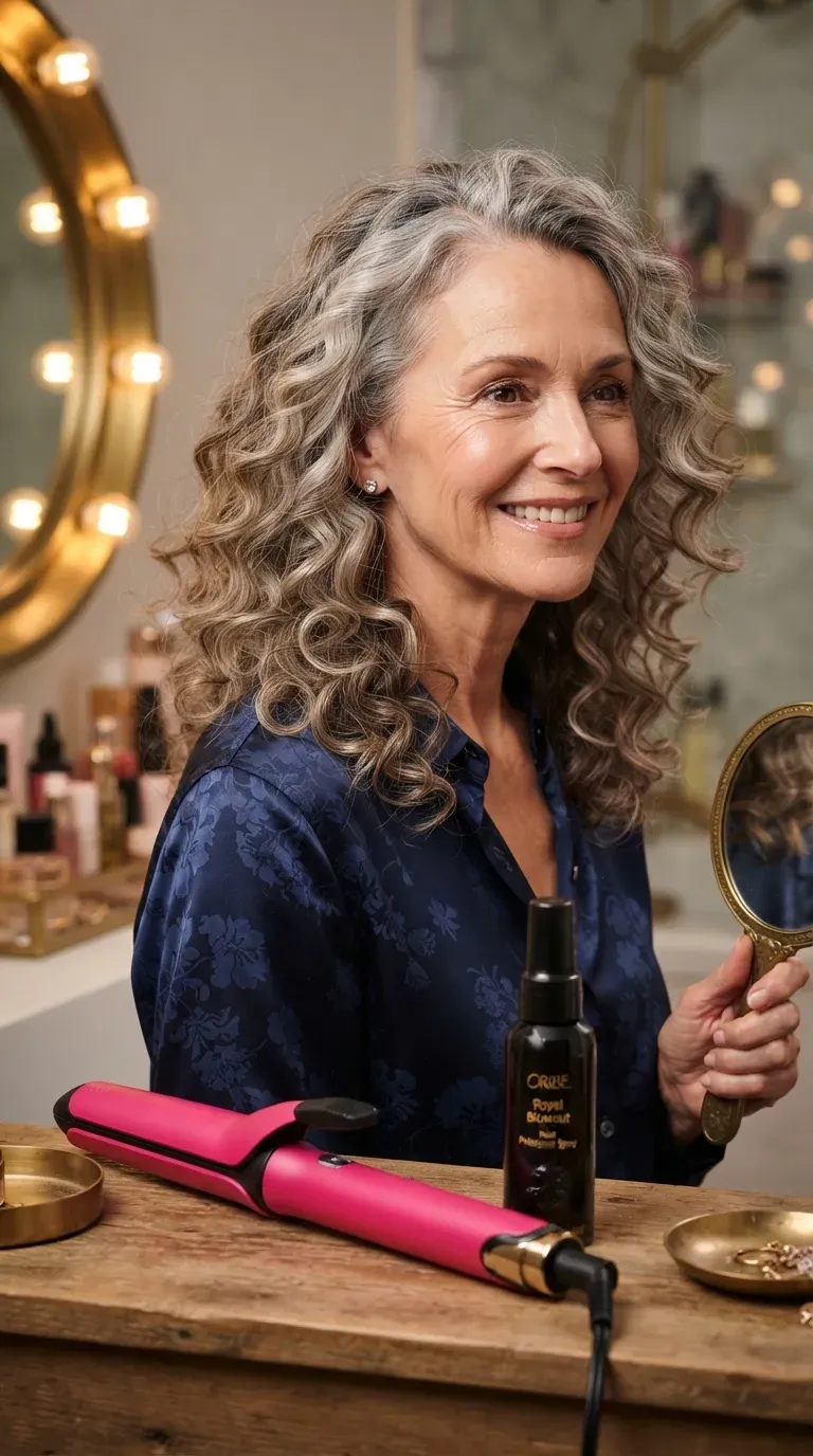 Woman over 50 with thin hair styled with soft, bouncy curls