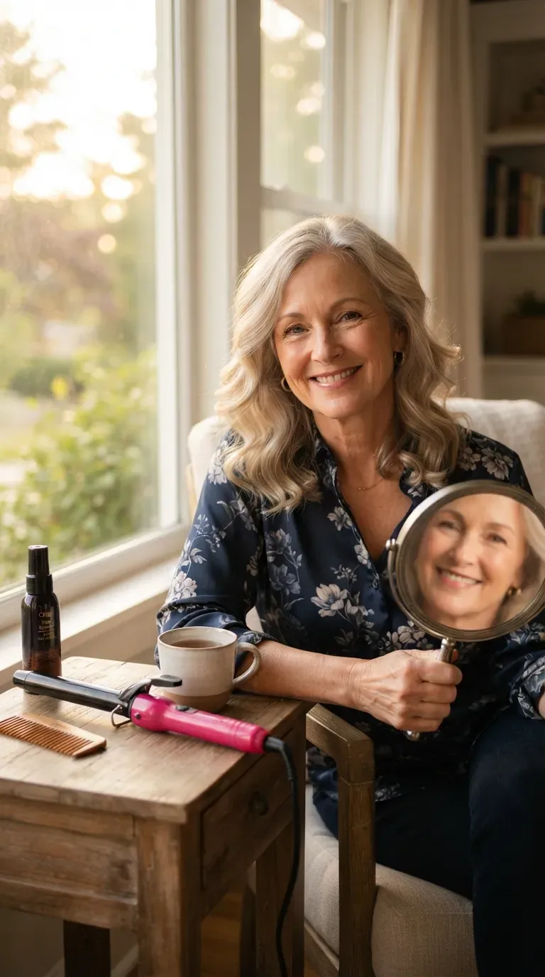 Woman over 50 with thin hair styled with soft waves throughout