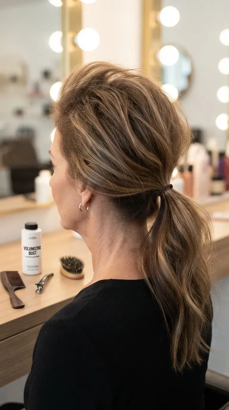 Woman over 50 with thin hair styled in a loose ponytail with teased roots