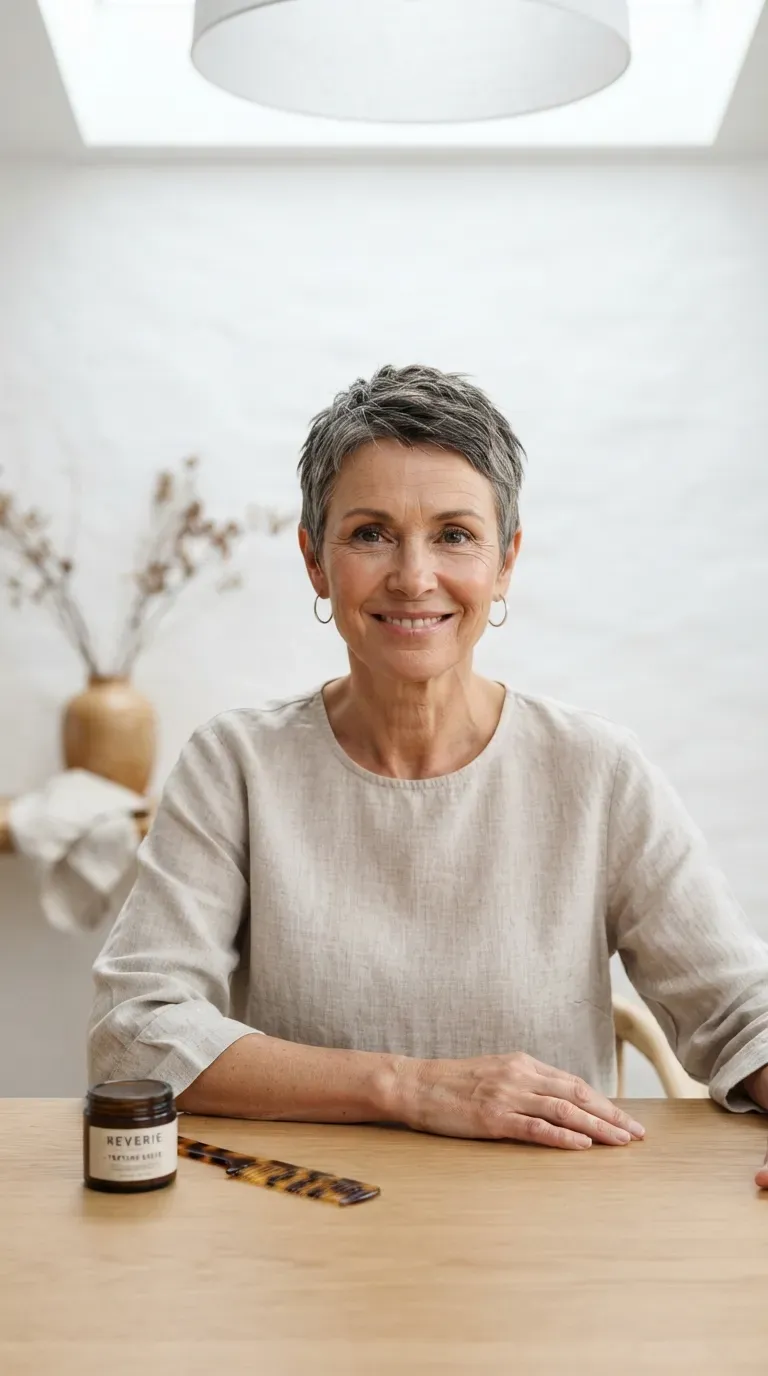 Woman over 50 with thin hair styled in a textured crop