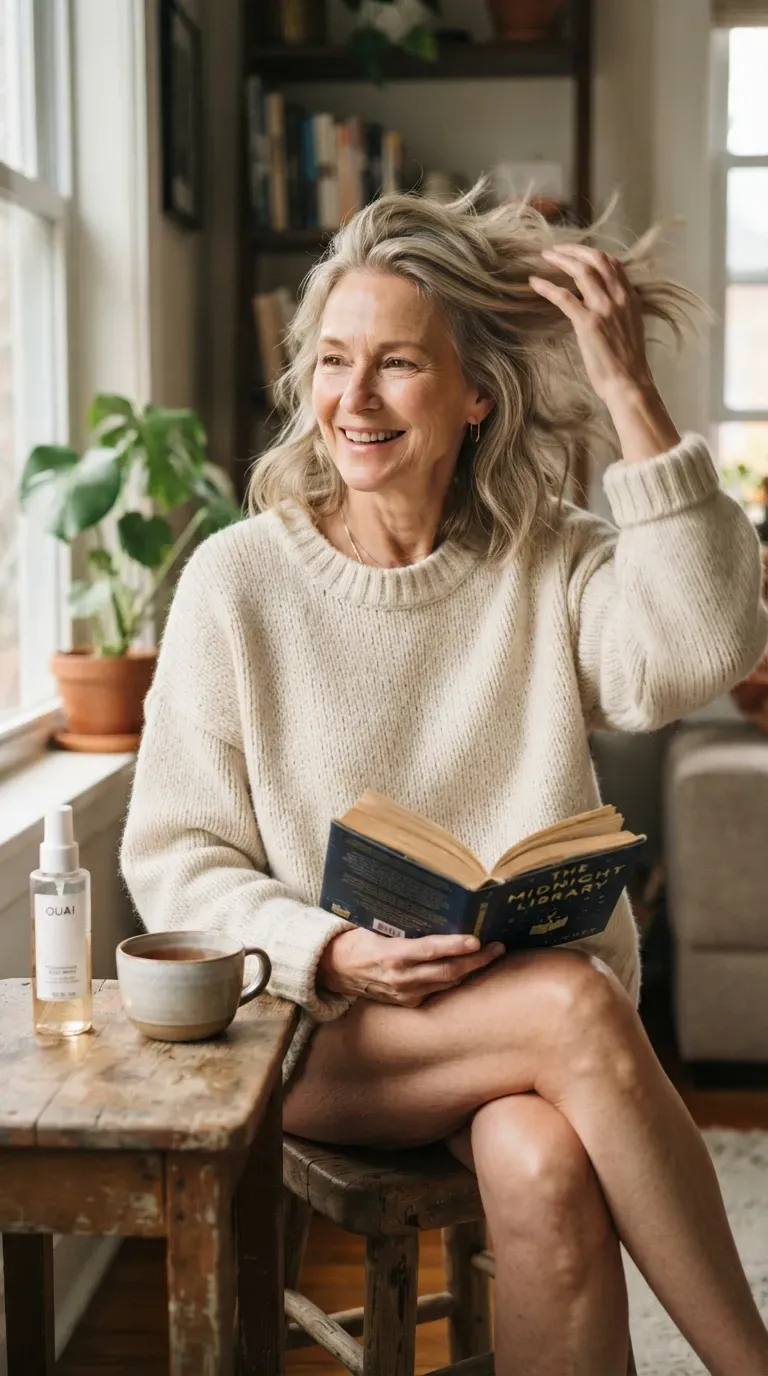 Woman over 50 with thin hair styled in a tousled, undone finish