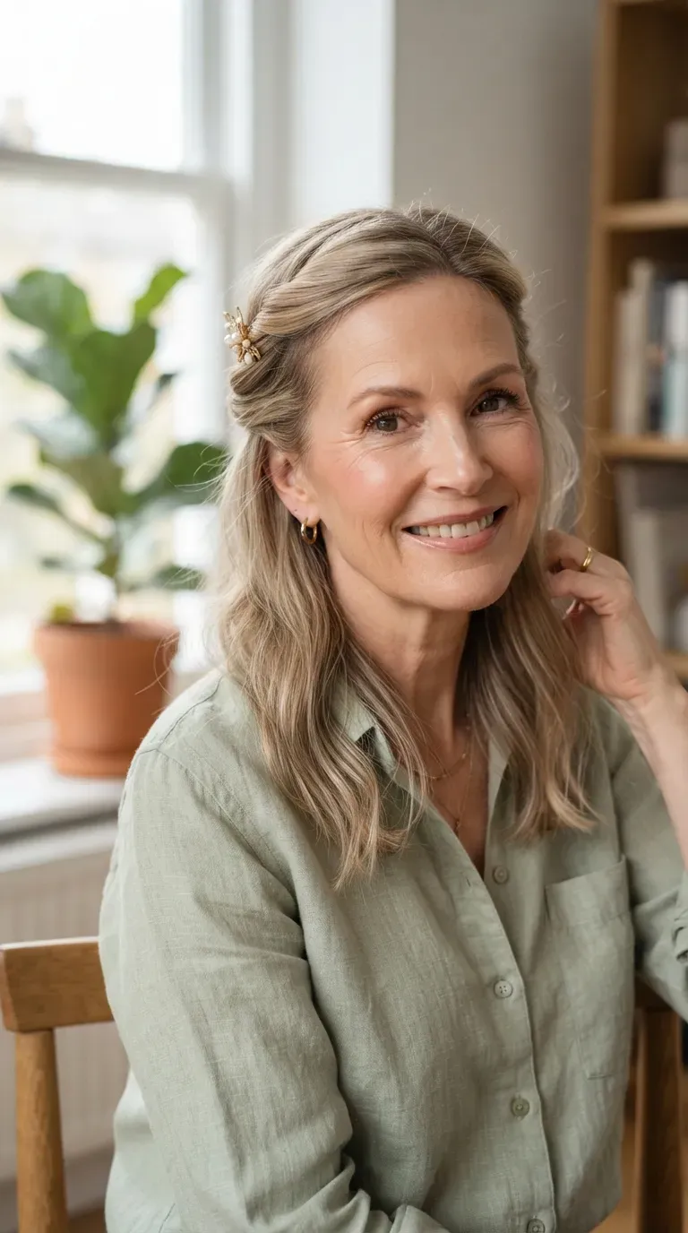Woman over 50 with thin hair styled with a twisted half-up section