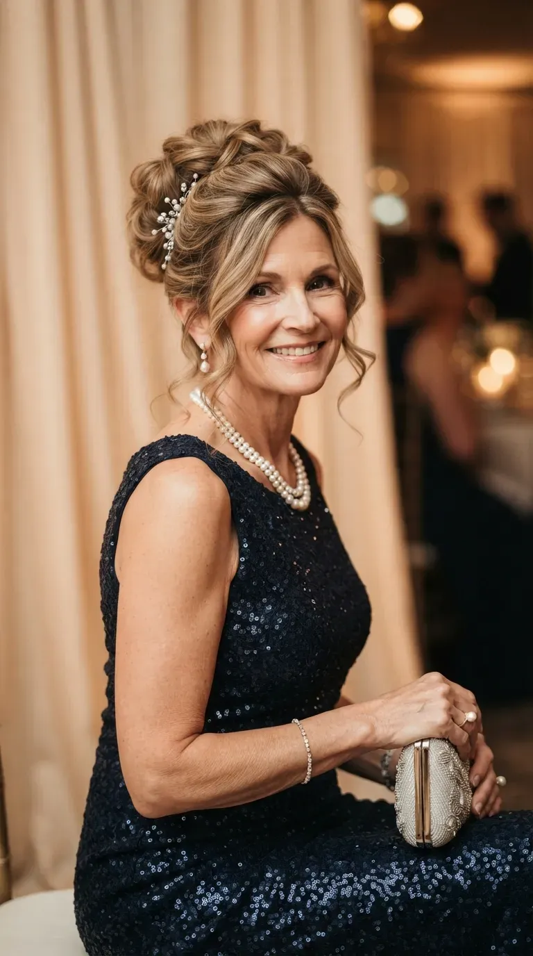 Woman over 50 with thin hair styled in a voluminous formal updo
