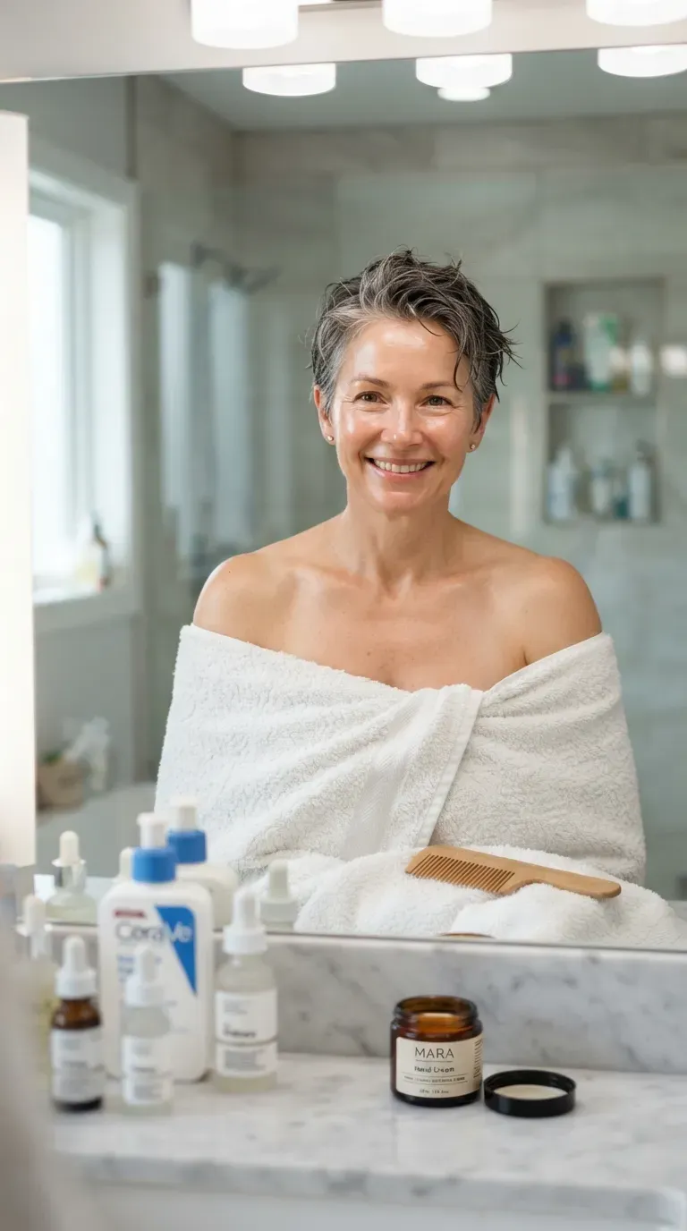 Woman over 50 with thin hair styled in a low-maintenance wash-and-go crop
