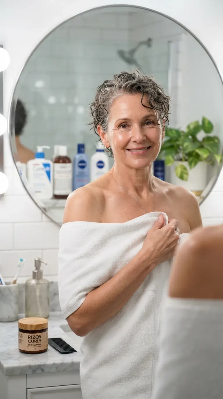 Woman over 50 with thin curly hair styled in a low-maintenance crop