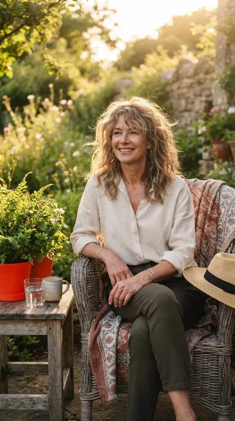 Woman over 50 with thin hair styled in a wavy layered shag