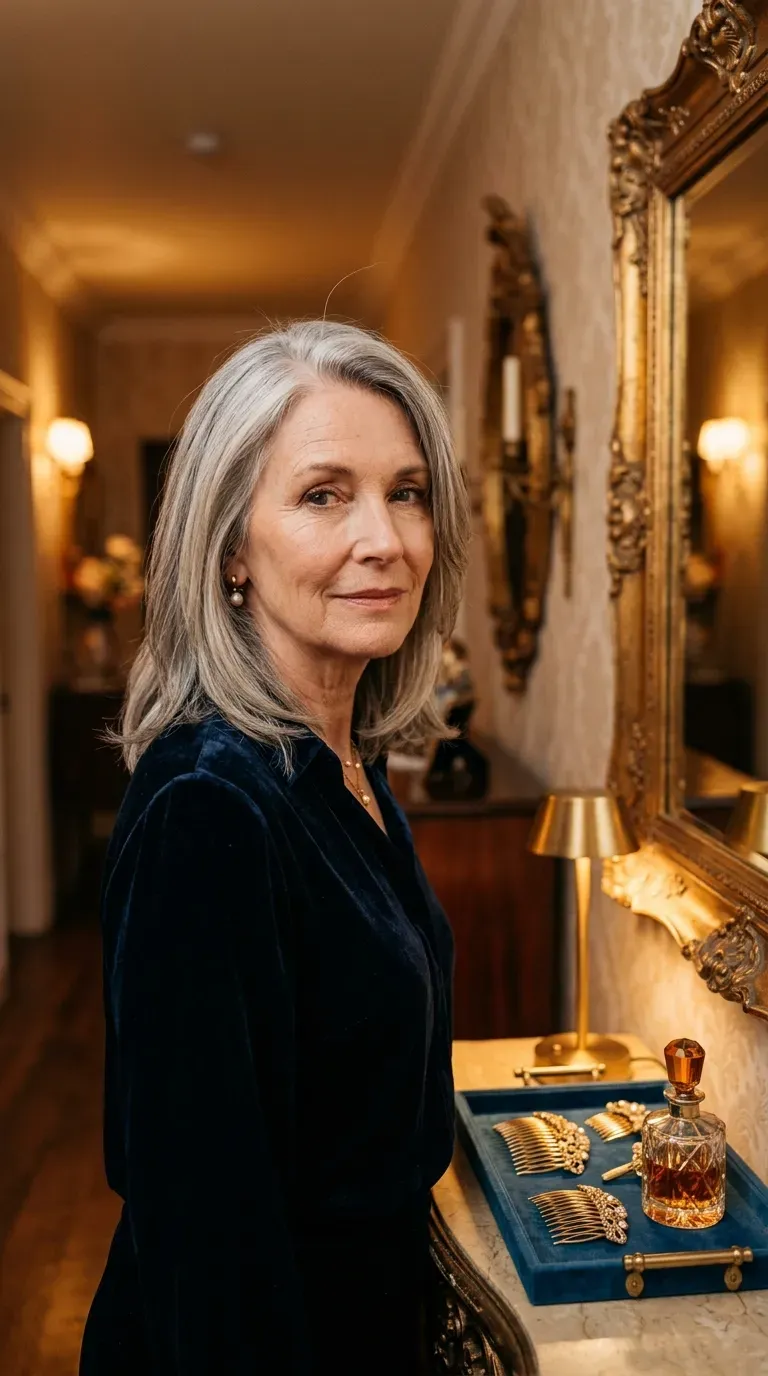 Older woman with a deep hard part and soft face-framing layers along her cheekbones