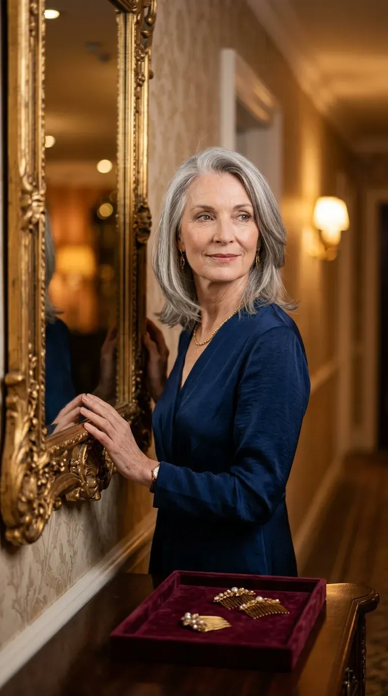 Older woman with a deep hard part and soft layered pieces framing her cheekbones