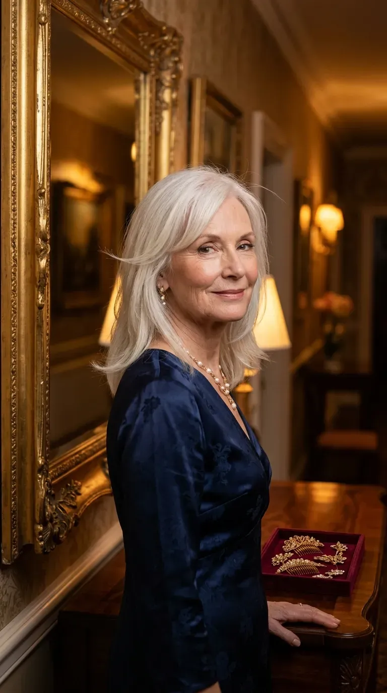 Elegant older woman with a deep hard part and soft layered pieces framing her cheekbones