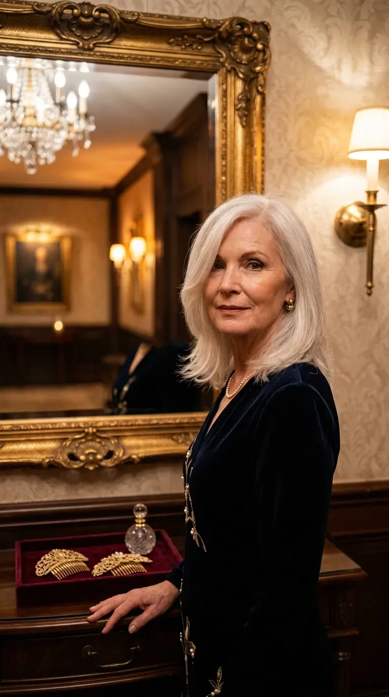 Elegant older woman with a deep hard part and soft medium layered pieces framing her cheekbones