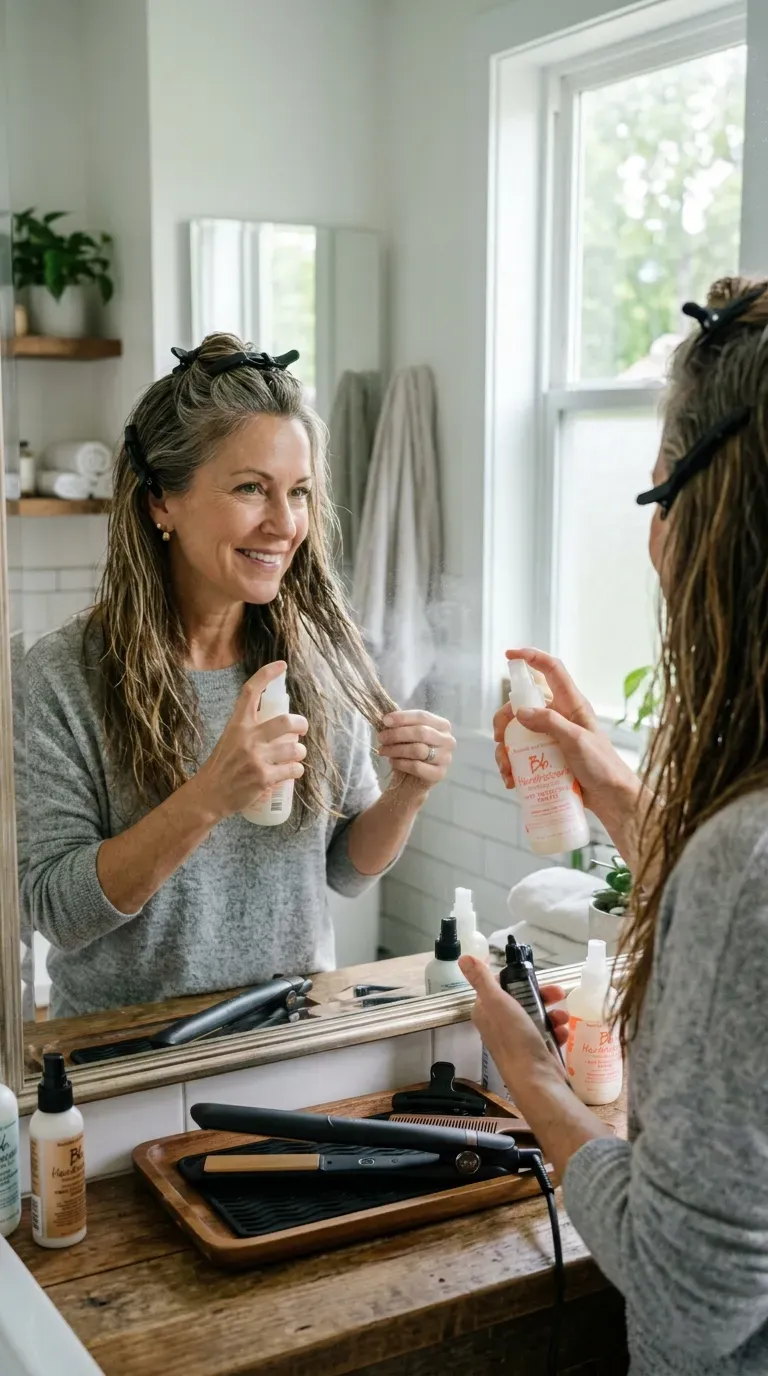 Woman over 50 applying heat protectant spray to layered hair before flat-ironing