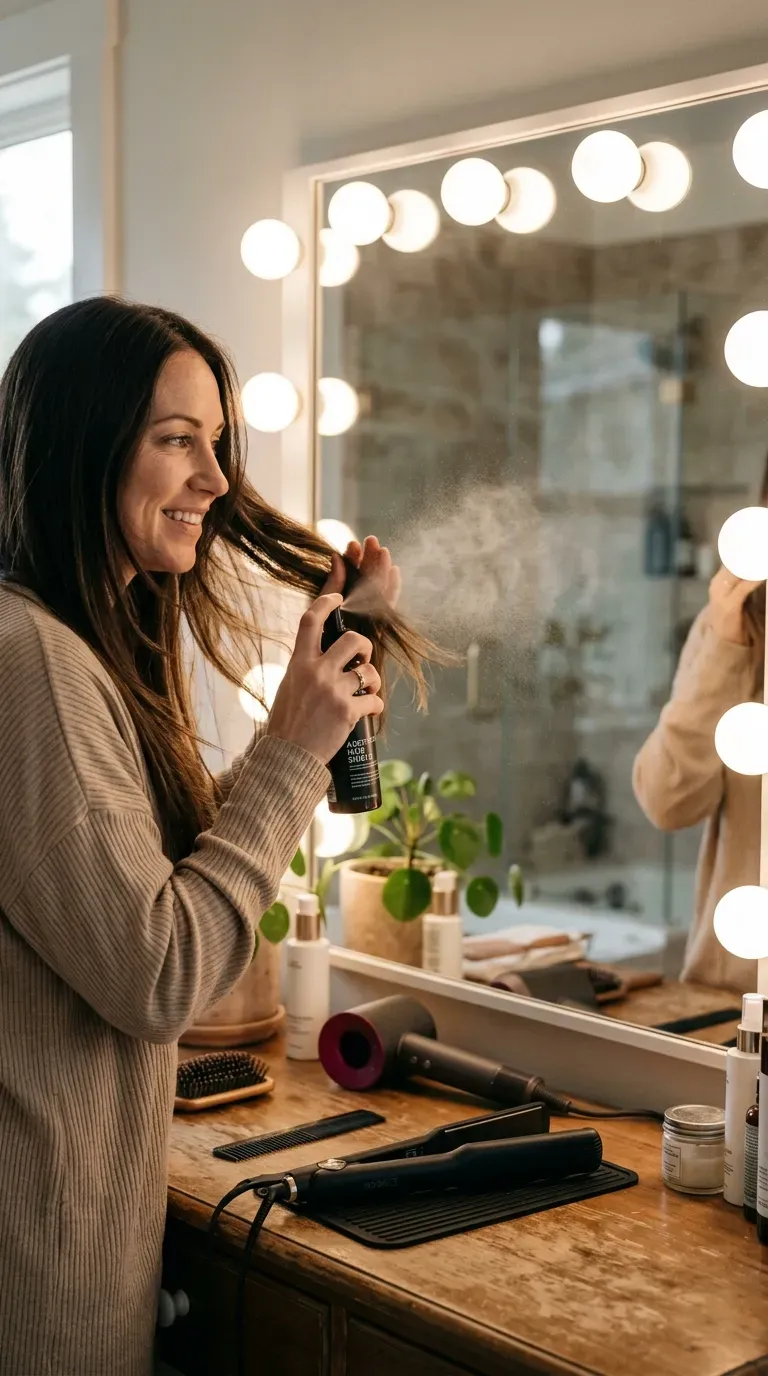 Woman applying heat protectant spray before styling her long layered straight hair sleek