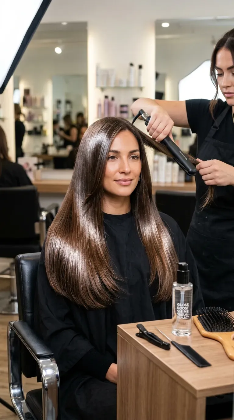 Woman with high-shine straight-ironed long layered hair reflecting bright studio light