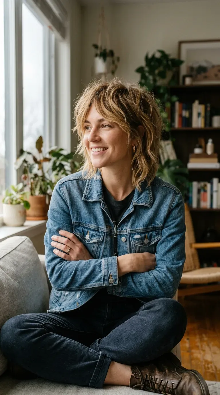 Shaggy short crop with honey blonde balayage adding texture and warmth
