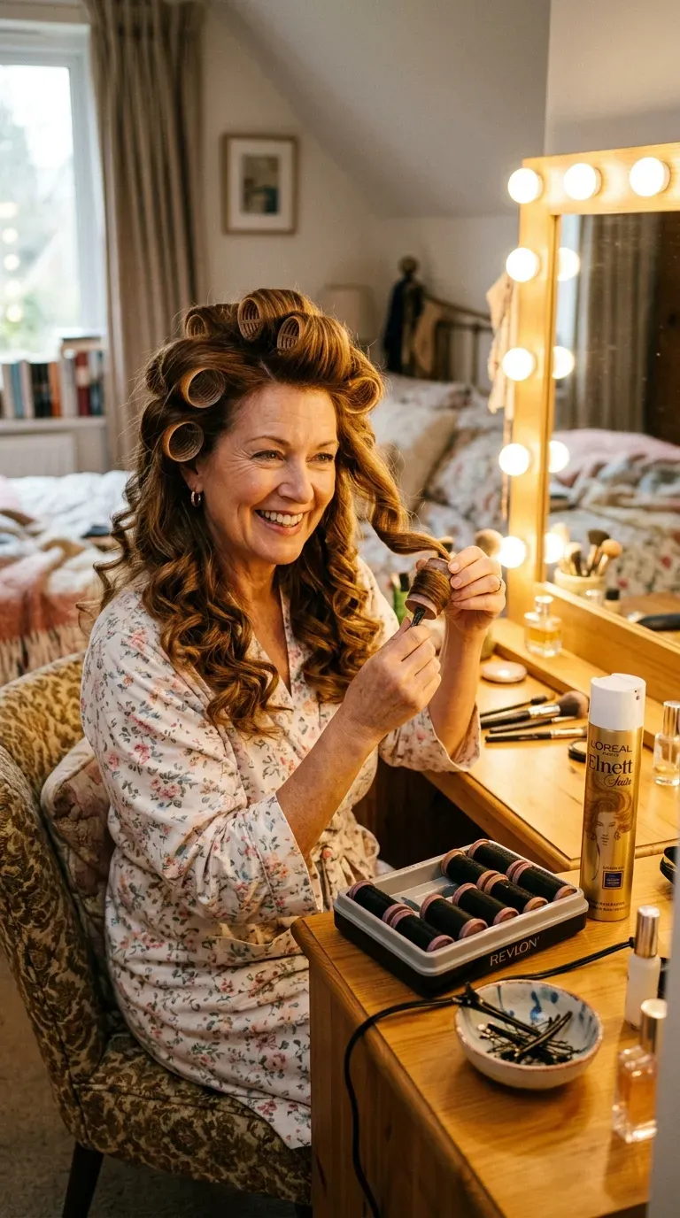 Woman over 50 removing large hot rollers from bouncy long layered hair