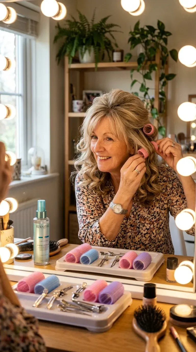 Woman over 50 removing hot rollers from fine layered hair for maximum lift