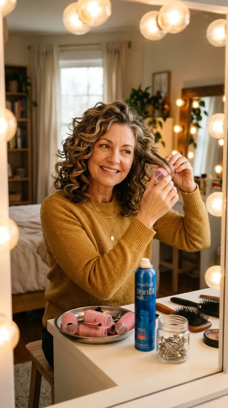 Woman over 50 removing velcro hot rollers from bouncy medium layered hair