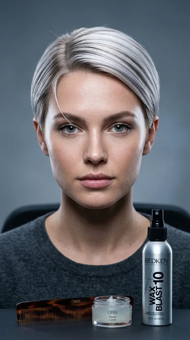 Sleek short pixie with cool icy blonde balayage highlights throughout