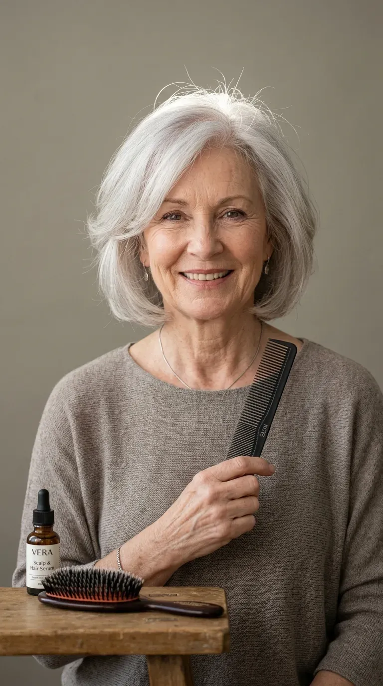 Woman with fine pale silver hair showing internal layering that keeps her outer silhouette looking full