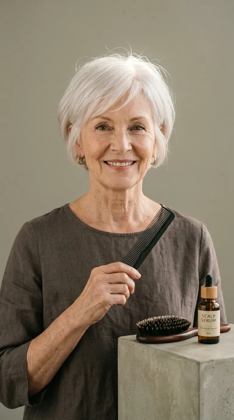 Woman with fine pale white hair showing internal layering that keeps her outer silhouette looking full