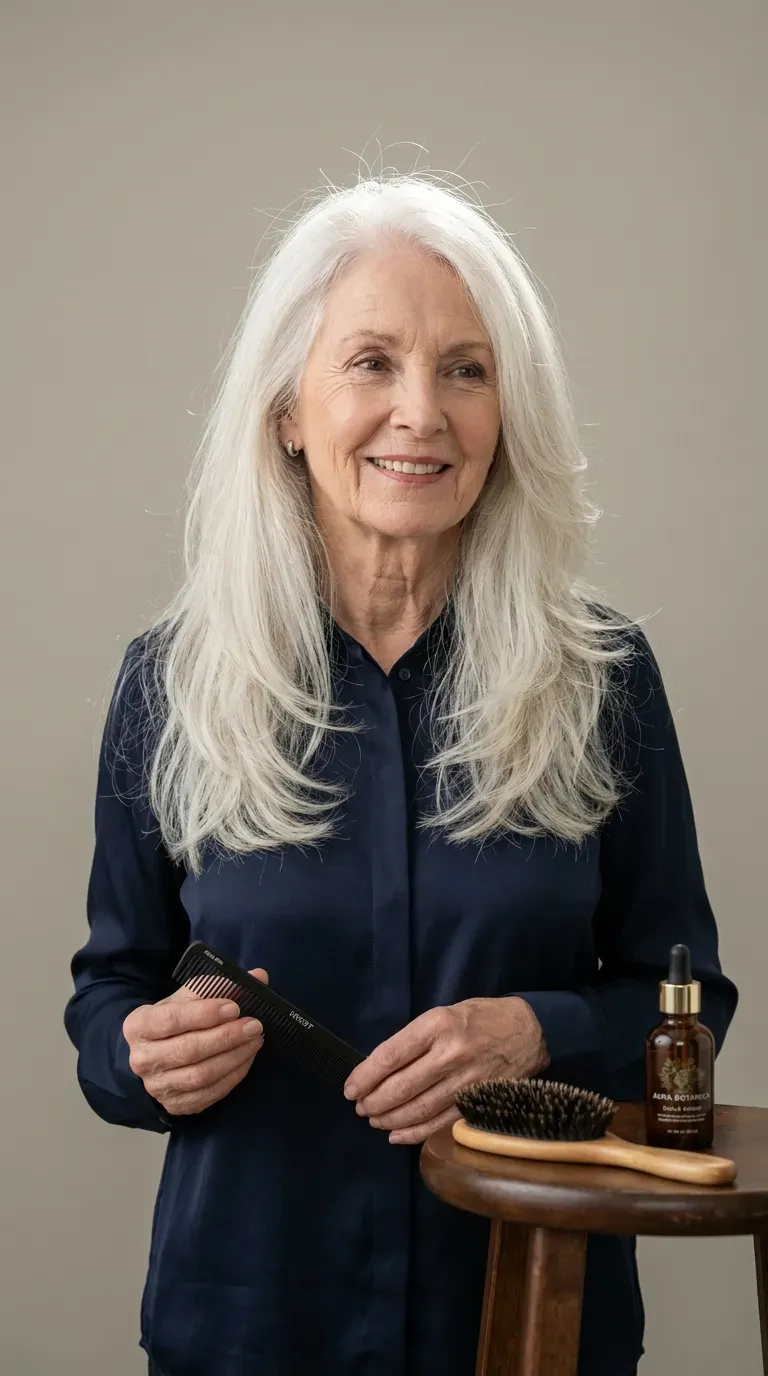 Woman with fine pale white long hair showing internal layering that keeps her outer silhouette looking full