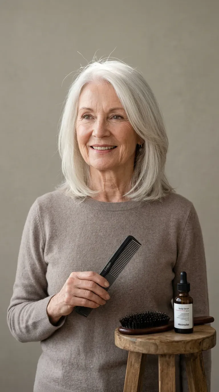 Woman with fine pale white medium length hair showing internal layering that keeps her silhouette looking full