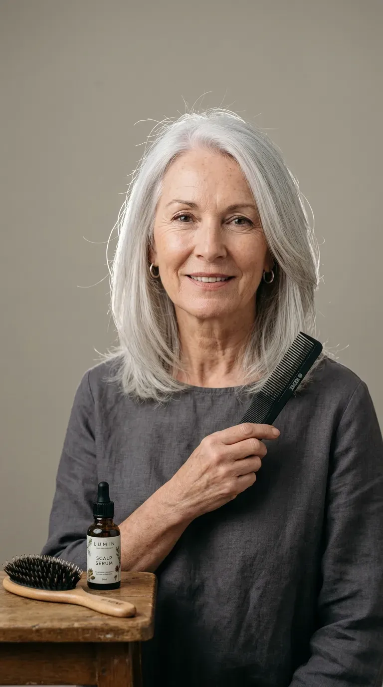 Woman with fine pale silver hair showing internal layering that keeps her outer silhouette looking full