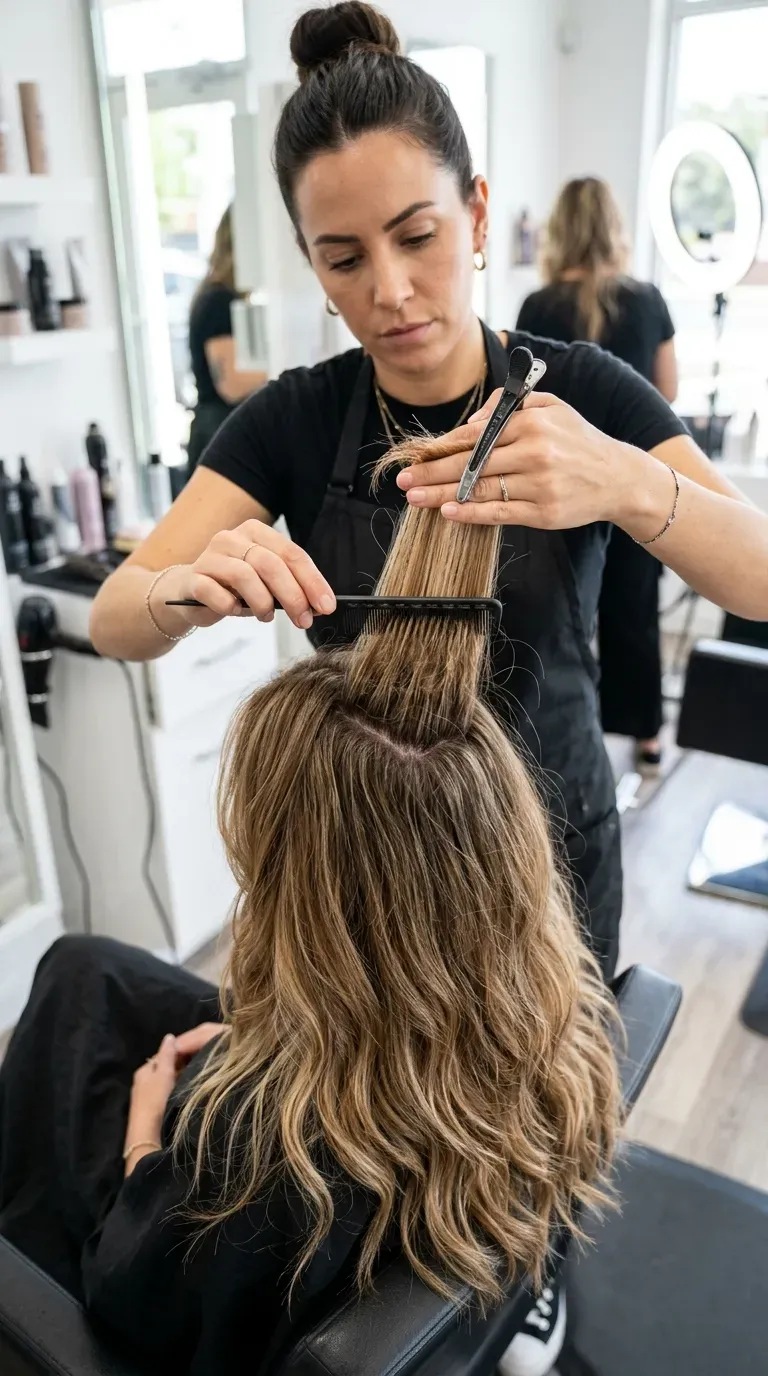 Woman over 50 with internal layering added for volume without losing length