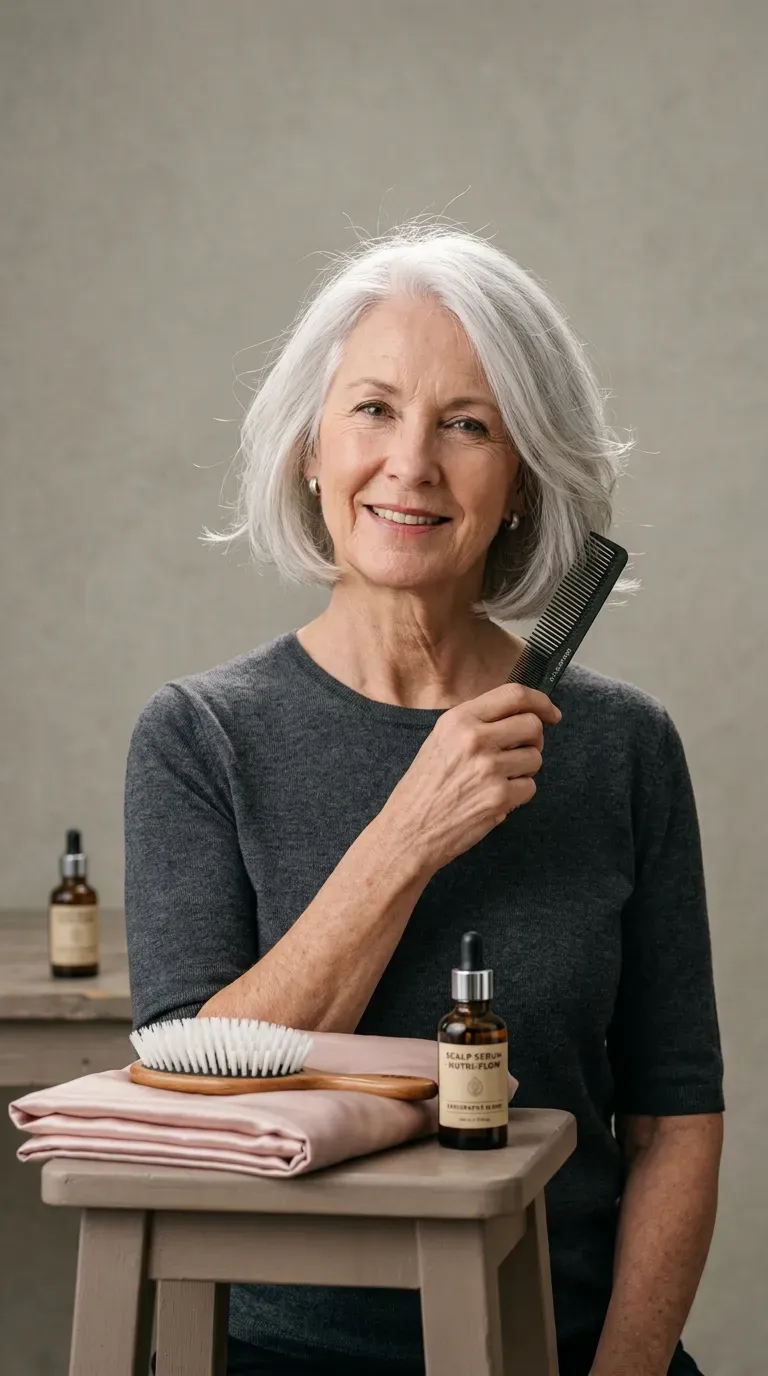 Woman with fine silver hair showing invisible internal layers that keep length and add movement