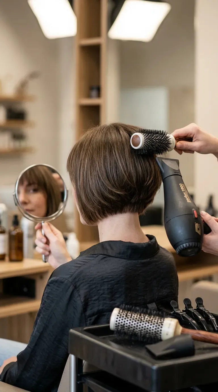 Woman with layered bangs blending into a graduated stacked bob