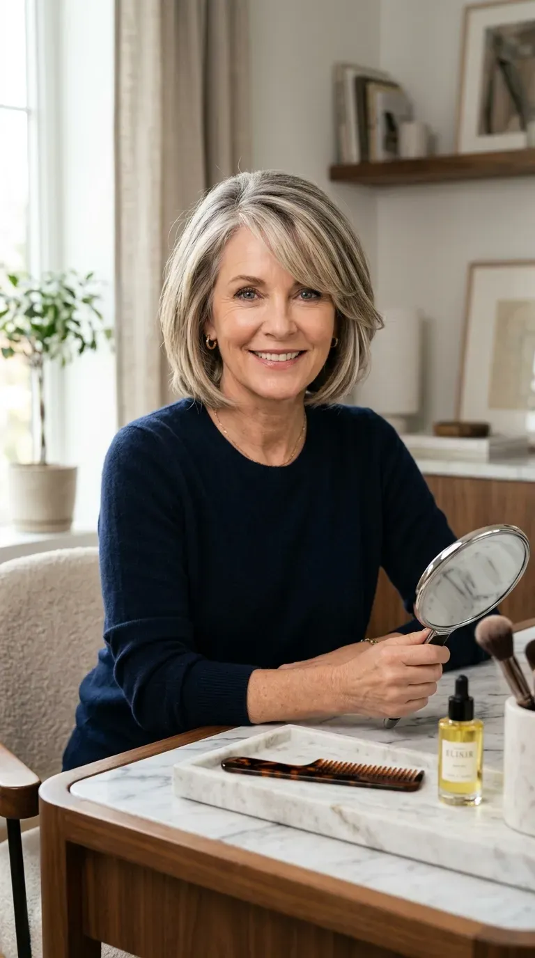 Woman over 50 with a layered bob styled with a deep side part and swept bangs
