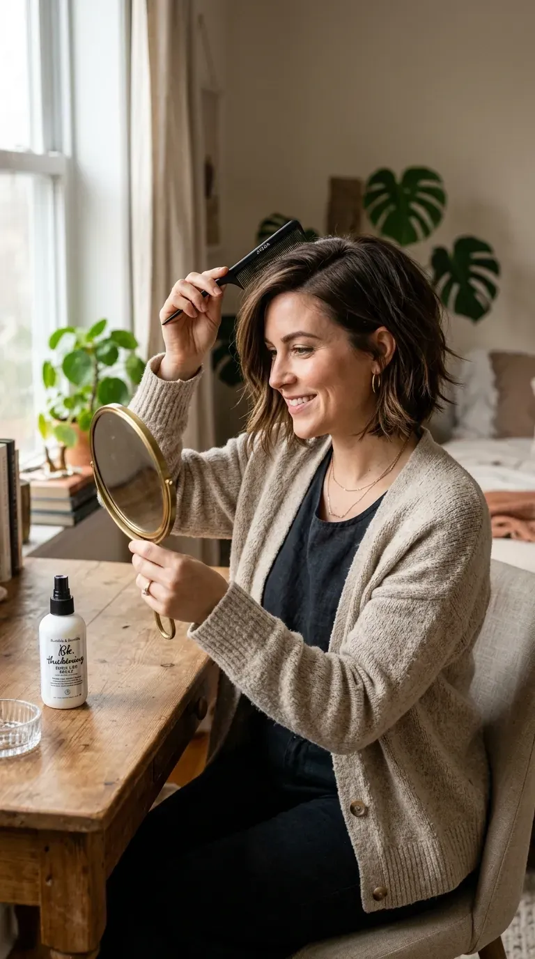 Woman with a layered bob styled with a deep side part for asymmetry