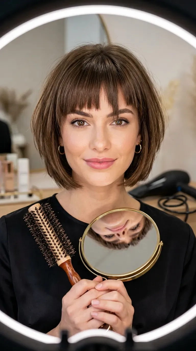 Woman with a layered bob and full bangs framing the face