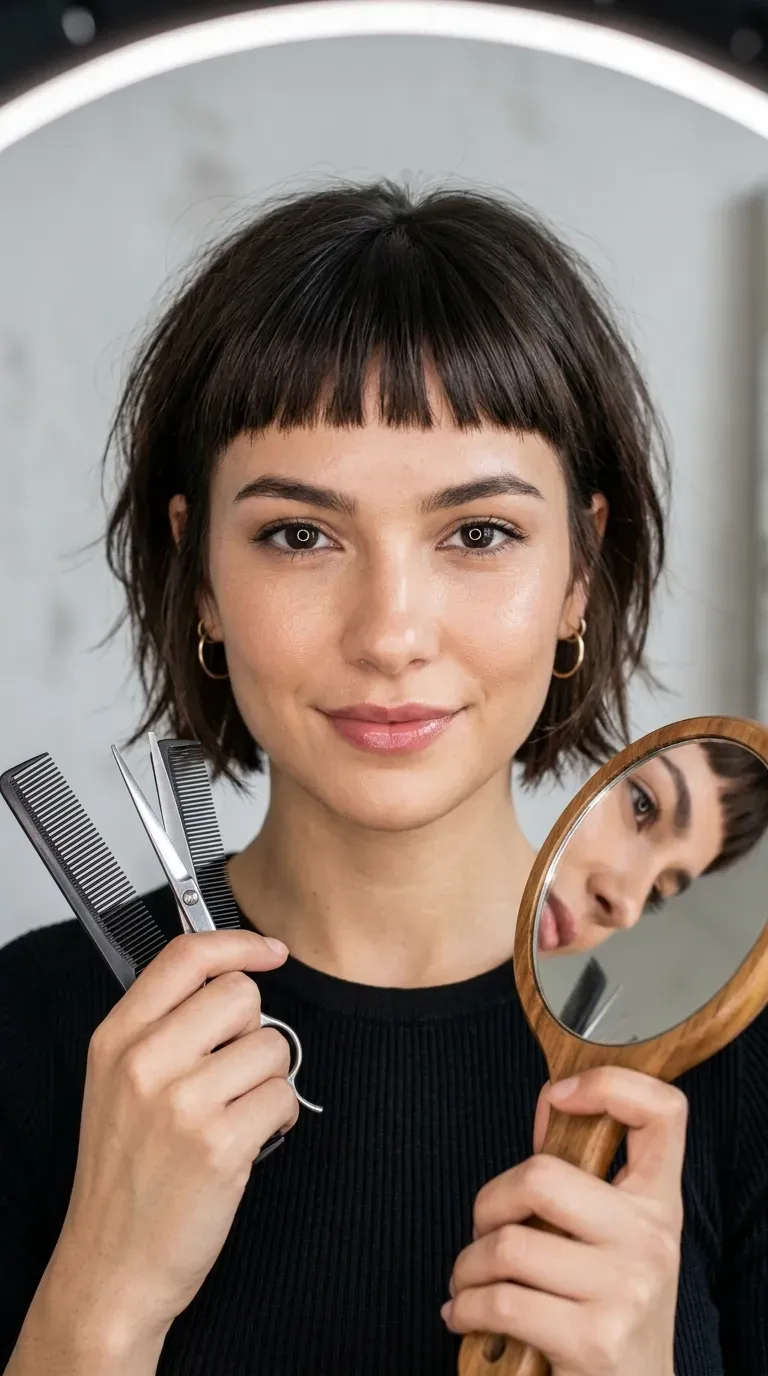 Woman with a layered bob and graphic micro-bangs adding contrast