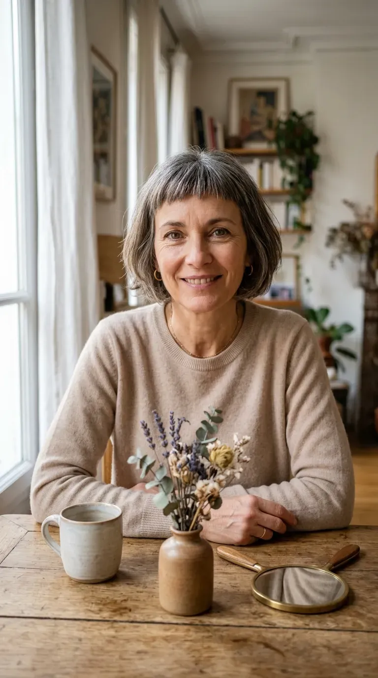 Woman over 50 with a layered bob and a very short, micro fringe above the brow