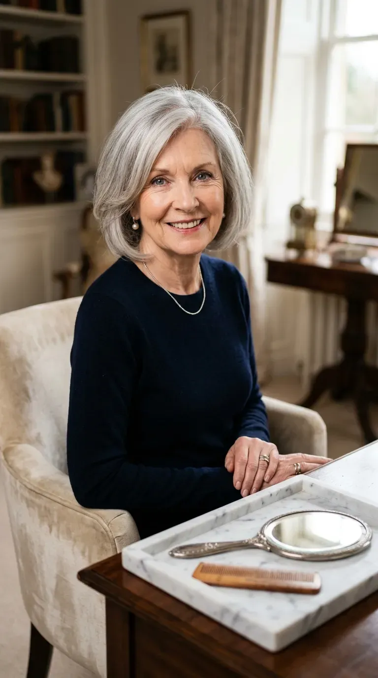 Woman over 70 with a layered bob styled with a deep side part for volume