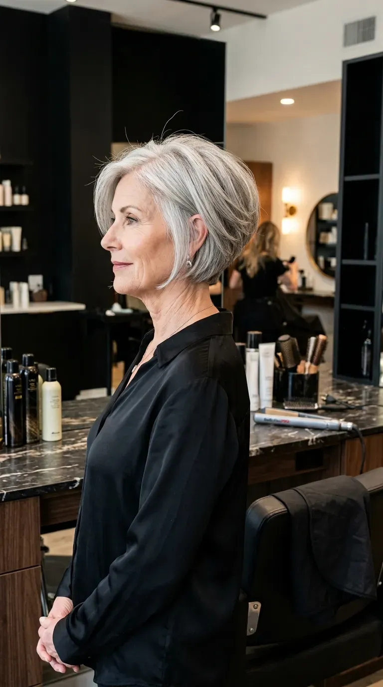 Woman over 60 with a layered bob and stacked nape creating lift at the crown