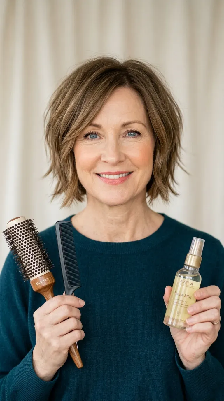 Woman over 60 with a layered choppy bob featuring soft face-framing pieces