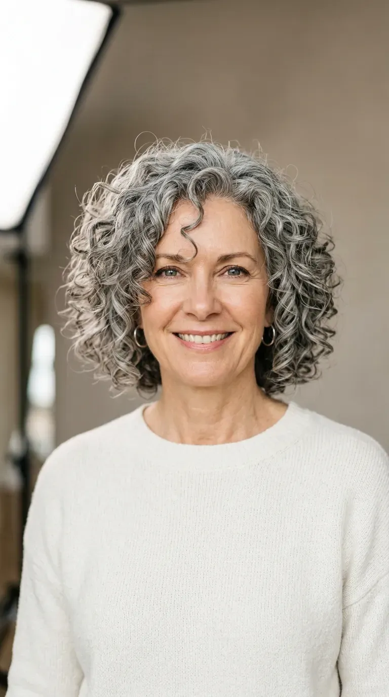 Older woman with a chin-length layered curly bob showing defined natural curls
