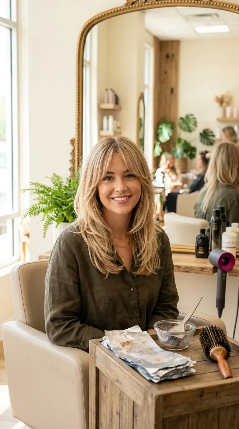 Layered haircut with soft curtain fringe brightened by face-framing highlights