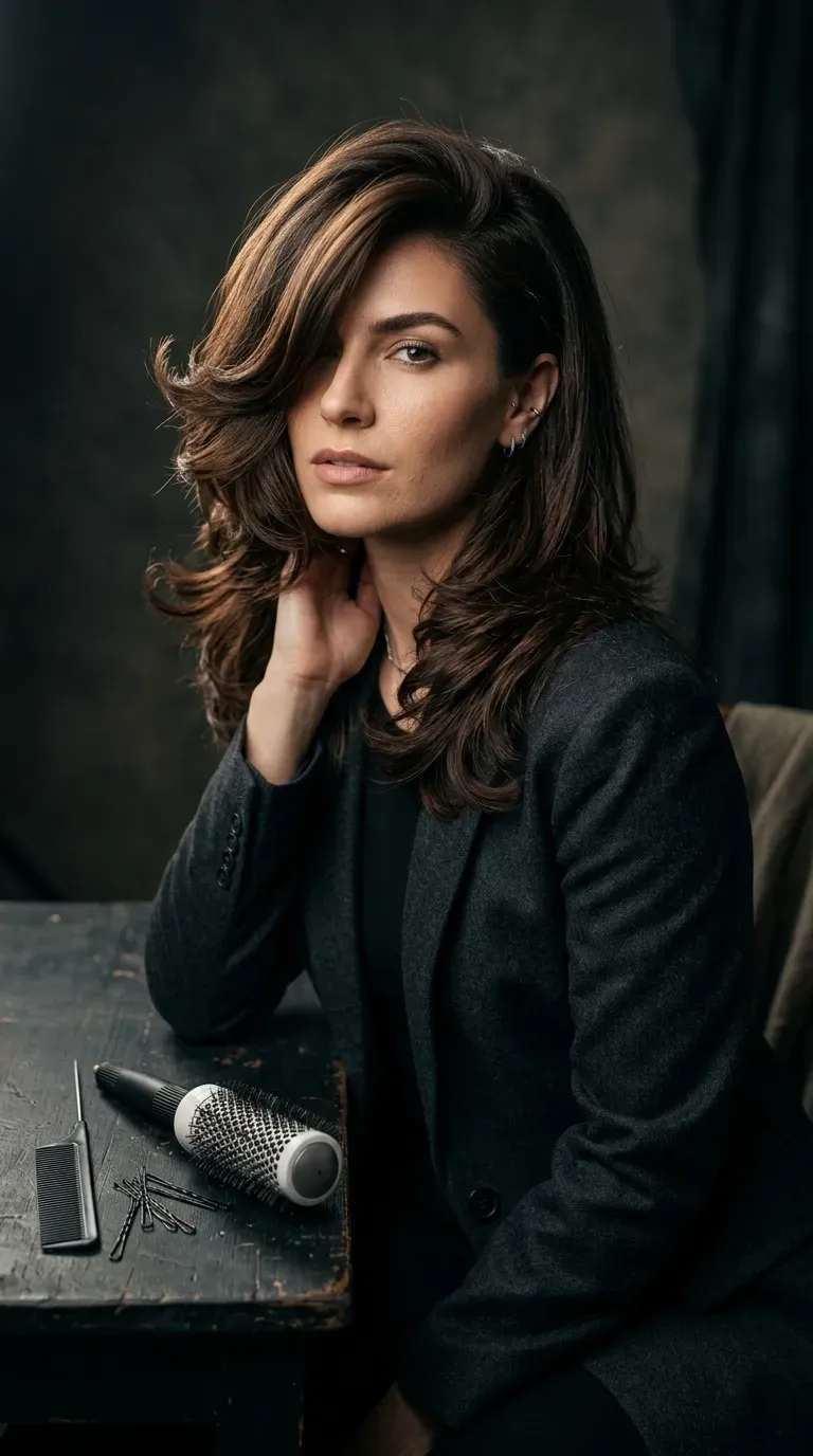Layered haircut styled with a dramatic deep side part for added volume