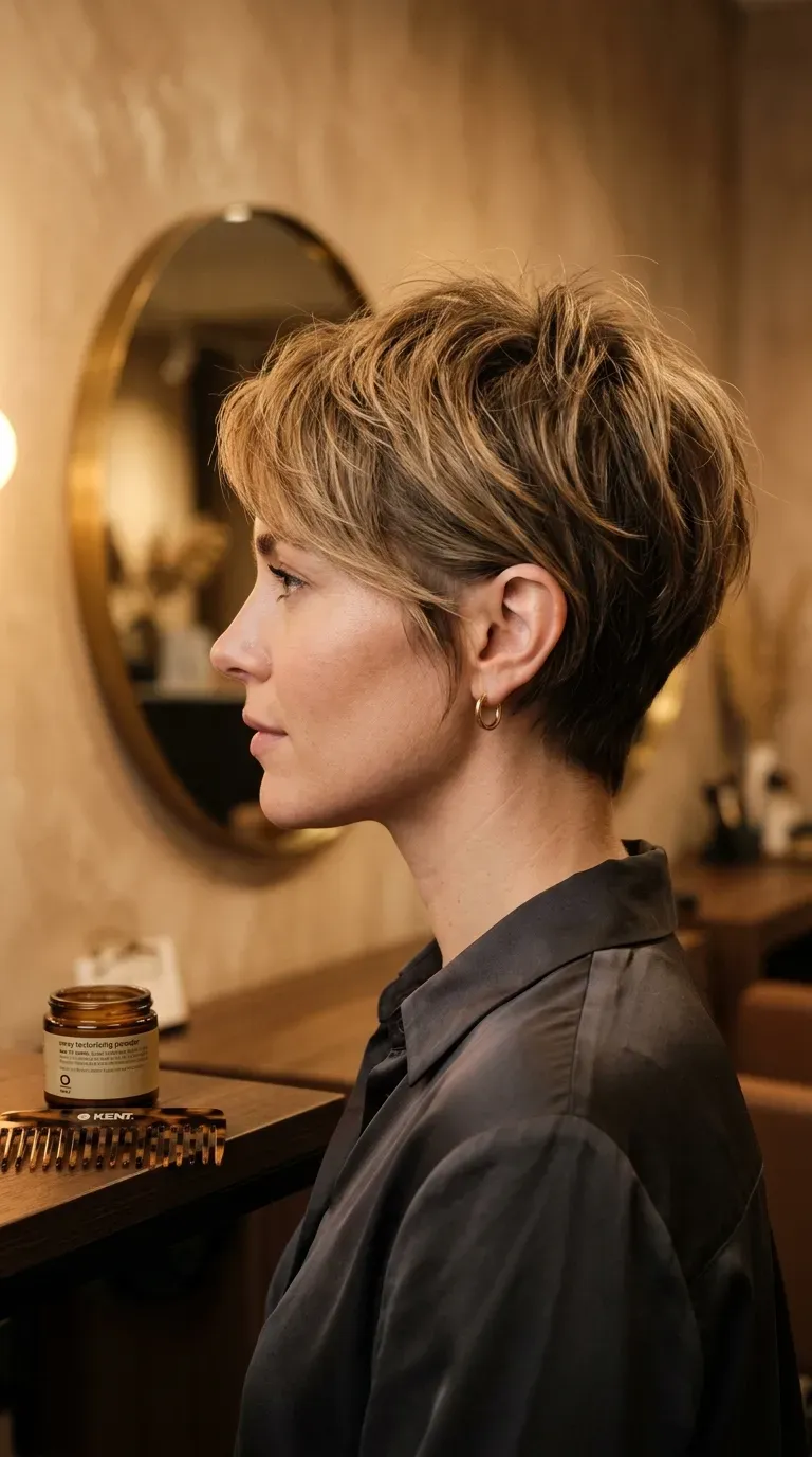 Woman over 60 with a layered pixie bob combining short sides and softer length on top
