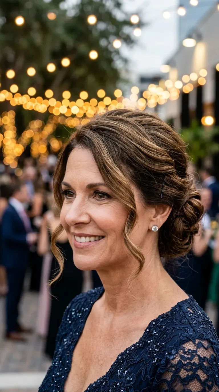 Mature woman wearing an elegant updo styled from layered hair with loose face-framing pieces